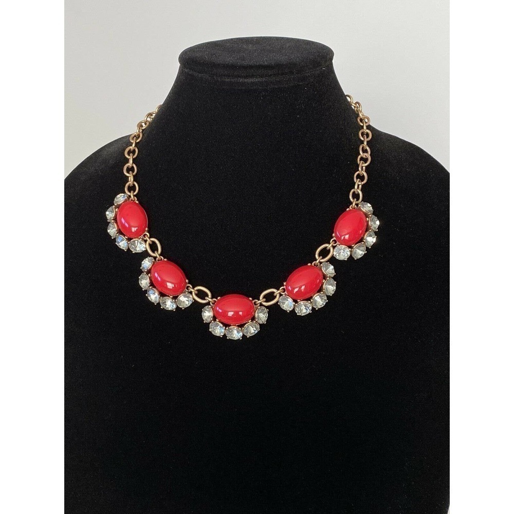 Stella & Dot Necklace Antique Gold Tone Cherry Red Acrylic Inserts Rhinestones